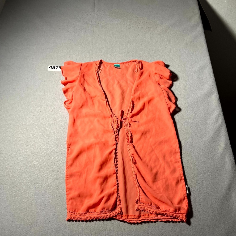 Ocean Pacific Top Womens Small Coral Pink Ruffle Sleeve Tie Front Lace Trim
